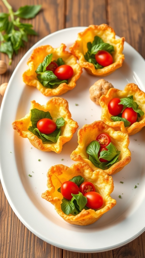 Crispy Parmesan nests filled with salad greens and cherry tomatoes on a white platter.